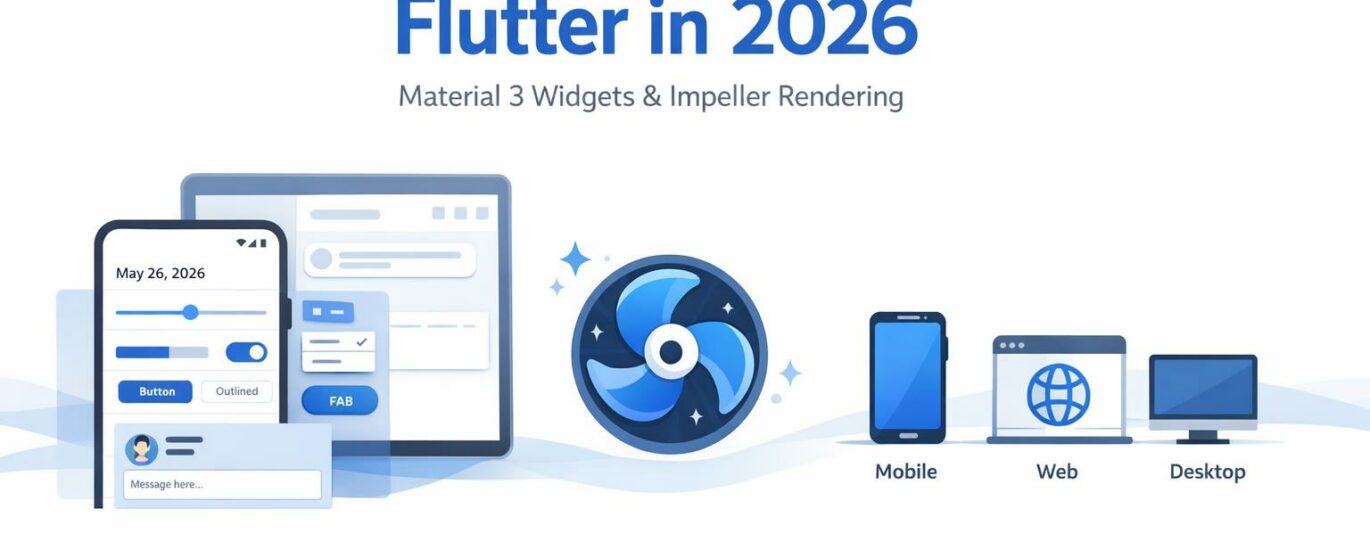 Bannière professionnelle illustrant Flutter en 2026 avec widgets Material 3, moteur Impeller et cibles mobile/web/desktop sur fond clair.