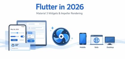 Bannière professionnelle illustrant Flutter en 2026 avec widgets Material 3, moteur Impeller et cibles mobile/web/desktop sur fond clair.