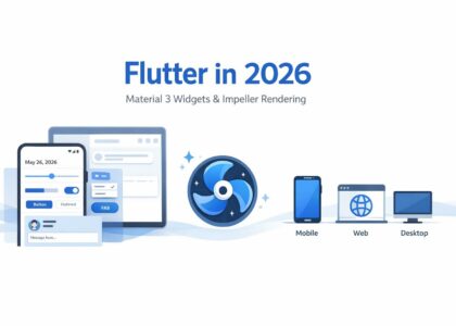 Bannière professionnelle illustrant Flutter en 2026 avec widgets Material 3, moteur Impeller et cibles mobile/web/desktop sur fond clair.