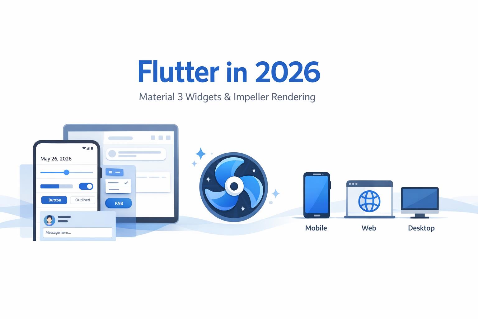 Bannière professionnelle illustrant Flutter en 2026 avec widgets Material 3, moteur Impeller et cibles mobile/web/desktop sur fond clair.