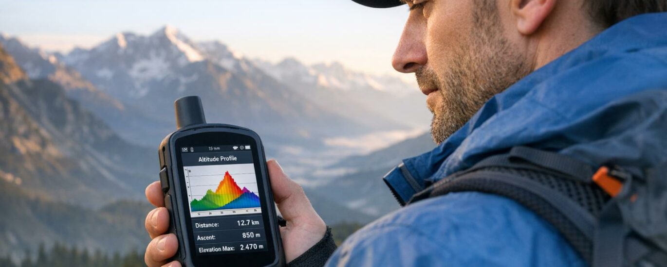 Randonneur consultant le profil d'altitude d'un itinéraire sur un écran GPS au sommet d'une colline