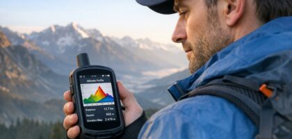 Randonneur consultant le profil d'altitude d'un itinéraire sur un écran GPS au sommet d'une colline