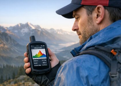 Randonneur consultant le profil d'altitude d'un itinéraire sur un écran GPS au sommet d'une colline