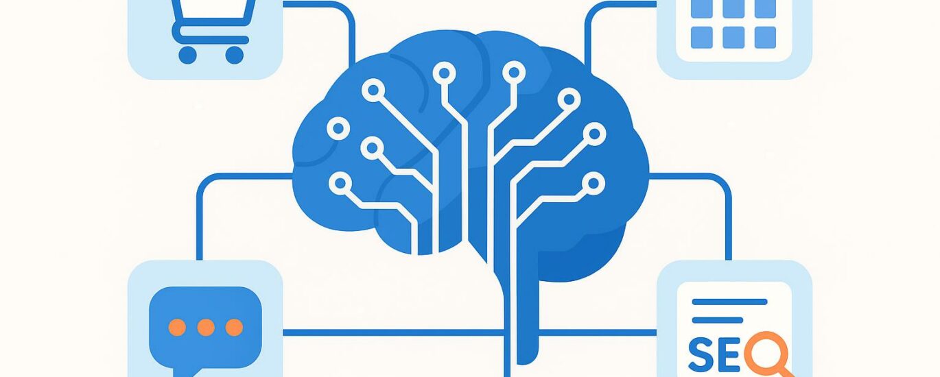 Illustration stylisée d'un cerveau numérique connecté à des icônes d'entreprise (commerce, calendrier, chat, SEO)