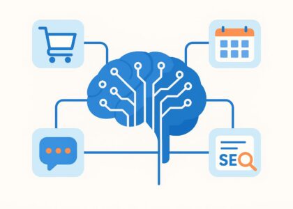 Illustration stylisée d'un cerveau numérique connecté à des icônes d'entreprise (commerce, calendrier, chat, SEO)