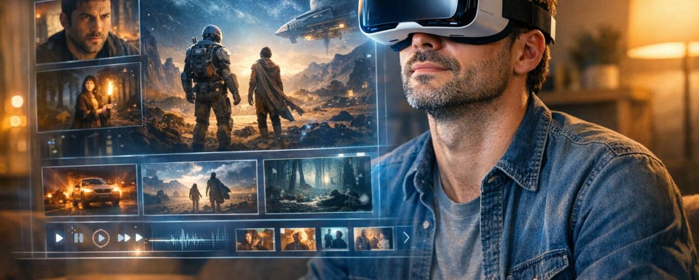 Personne portant un casque VR regardant une interface de série immersive