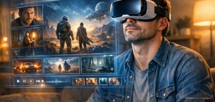 Personne portant un casque VR regardant une interface de série immersive