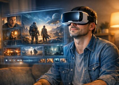 Personne portant un casque VR regardant une interface de série immersive