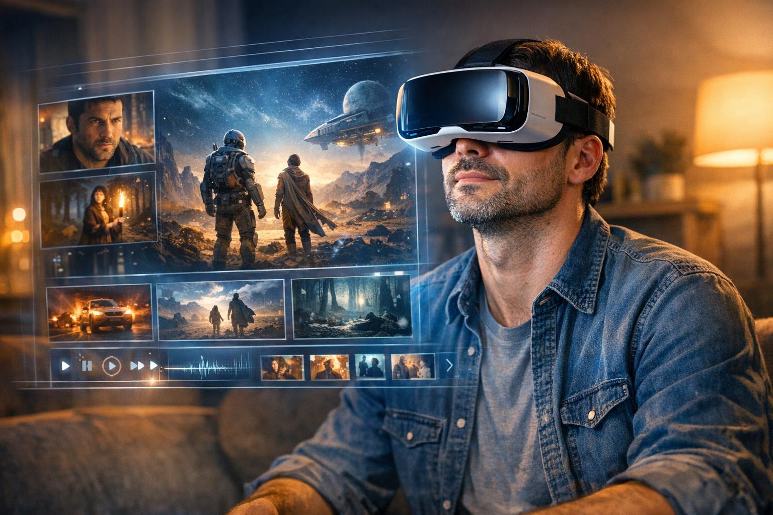 Personne portant un casque VR regardant une interface de série immersive