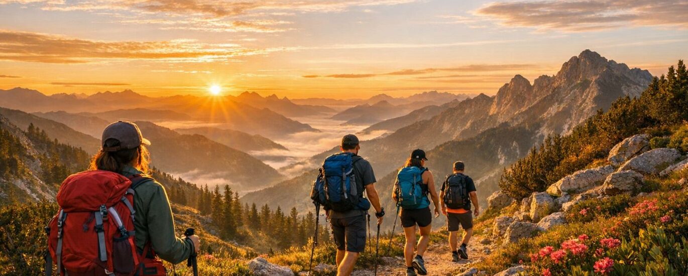 Randonneurs sur un sentier de montagne au lever du soleil, sac à dos et chaussures de trail visibles