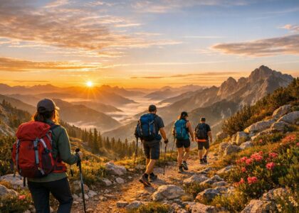 Randonneurs sur un sentier de montagne au lever du soleil, sac à dos et chaussures de trail visibles