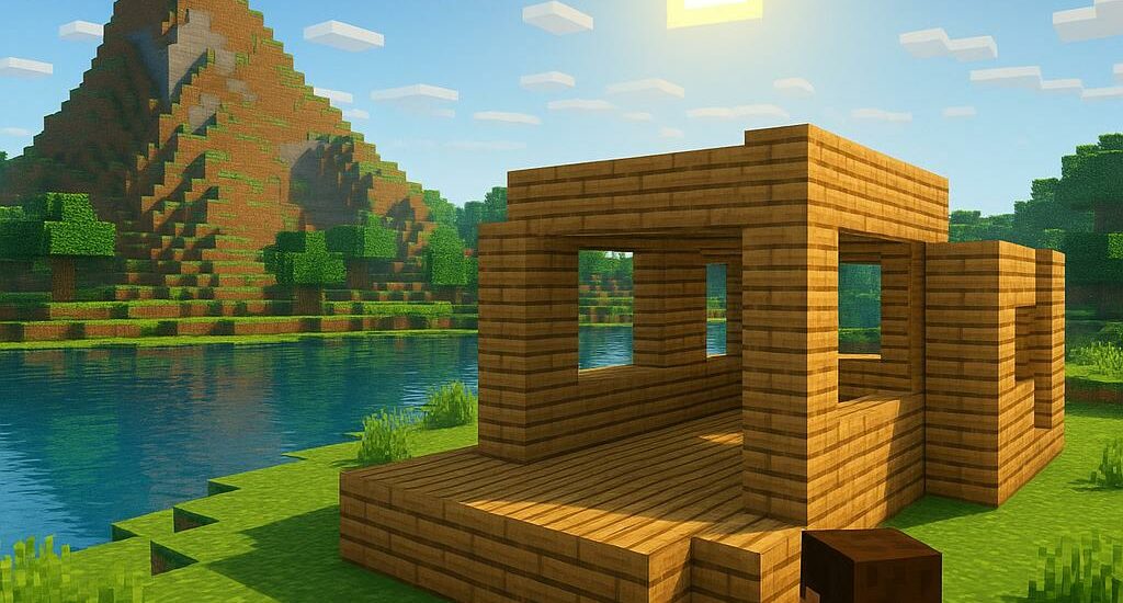 Paysage Minecraft avec un joueur construisant une maison en blocs, montagnes et soleil pixelisé