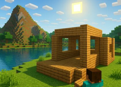 Paysage Minecraft avec un joueur construisant une maison en blocs, montagnes et soleil pixelisé