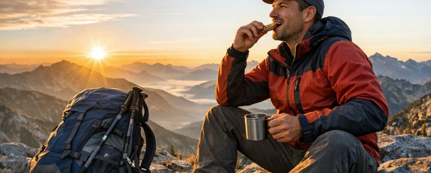 Randonneur dégustant une collation en montagne au lever du soleil, sac à dos posé à côté