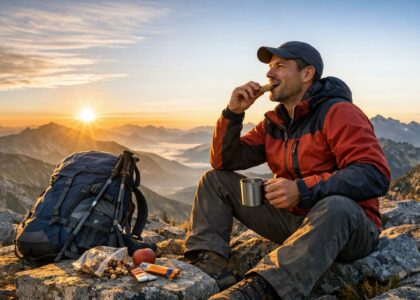 Randonneur dégustant une collation en montagne au lever du soleil, sac à dos posé à côté