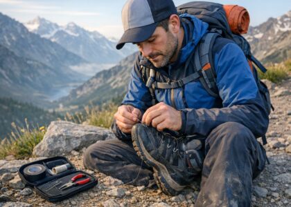 Randonneur réparant une chaussure au bord d'un sentier, outils et kit de réparation posés à côté