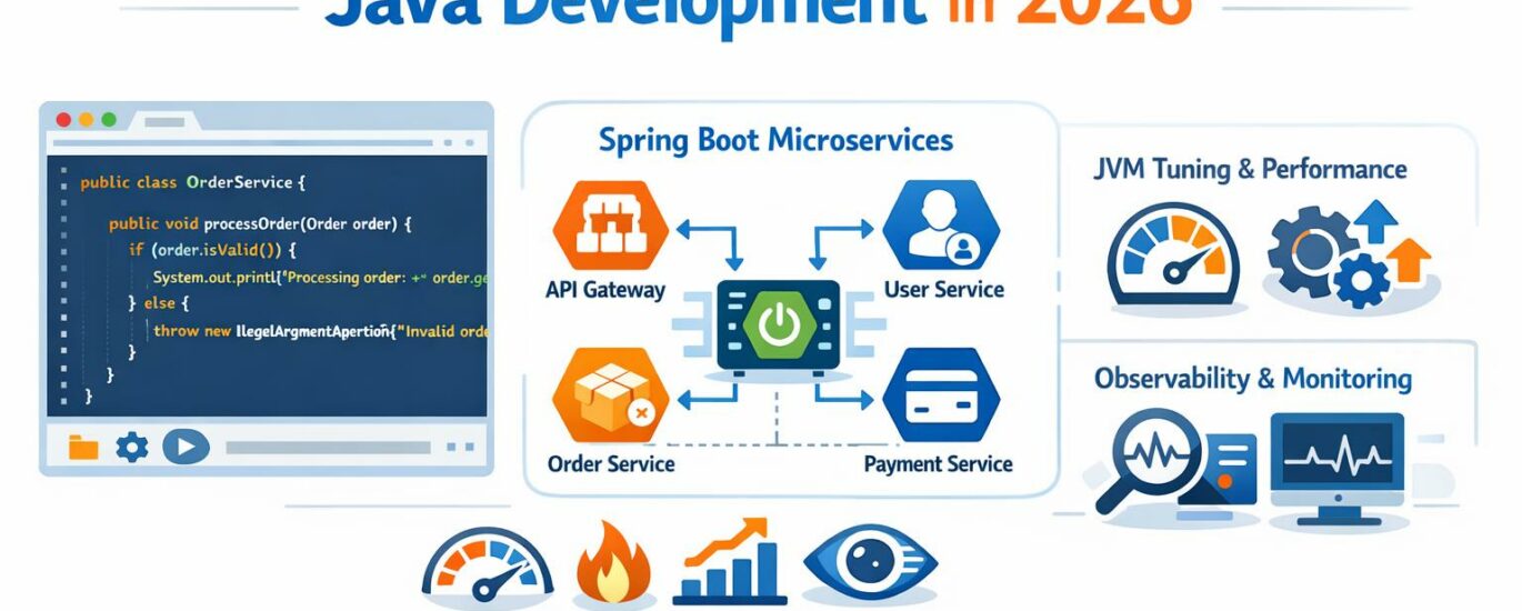 Bannière professionnelle de l’écosystème Java moderne avec code, microservices Spring Boot, JVM et observabilité, style propre, accents bleu/orange sur fond pâl