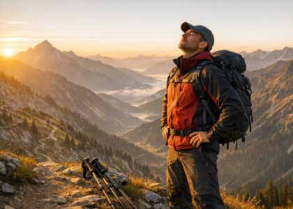 Personne sur un sentier de montagne prenant un moment de respiration et visualisation avant d'aborder un passage technique