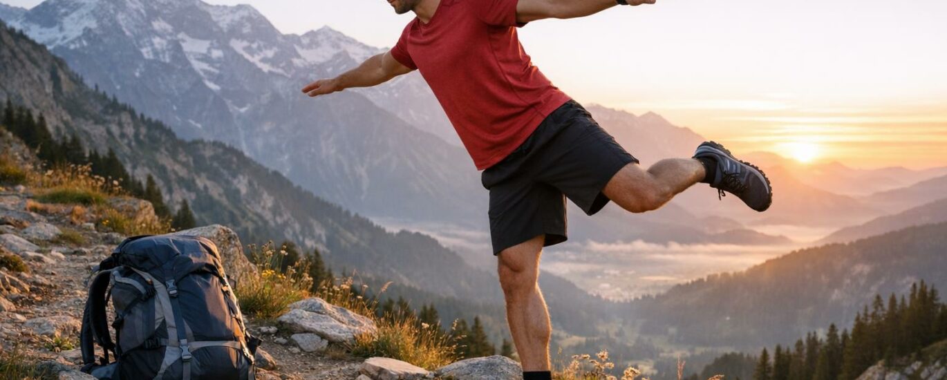 Randonneur effectuant des exercices de renforcement sur un sentier de montagne