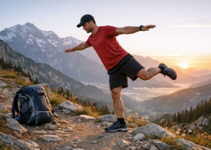 Randonneur effectuant des exercices de renforcement sur un sentier de montagne