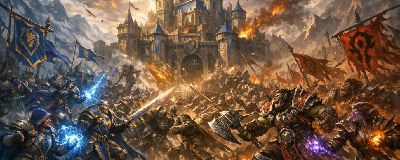 Scène épique à Azeroth entre Alliance et Horde face à une forteresse, bannières au vent et sorts éclatants dans le ciel.