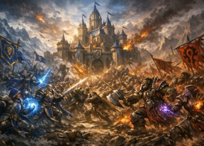 Scène épique à Azeroth entre Alliance et Horde face à une forteresse, bannières au vent et sorts éclatants dans le ciel.