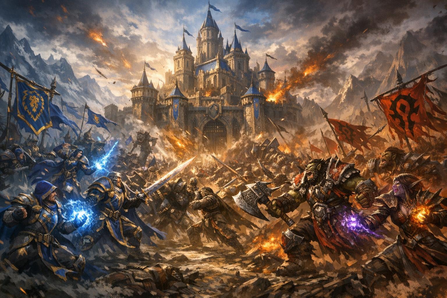 Scène épique à Azeroth entre Alliance et Horde face à une forteresse, bannières au vent et sorts éclatants dans le ciel.