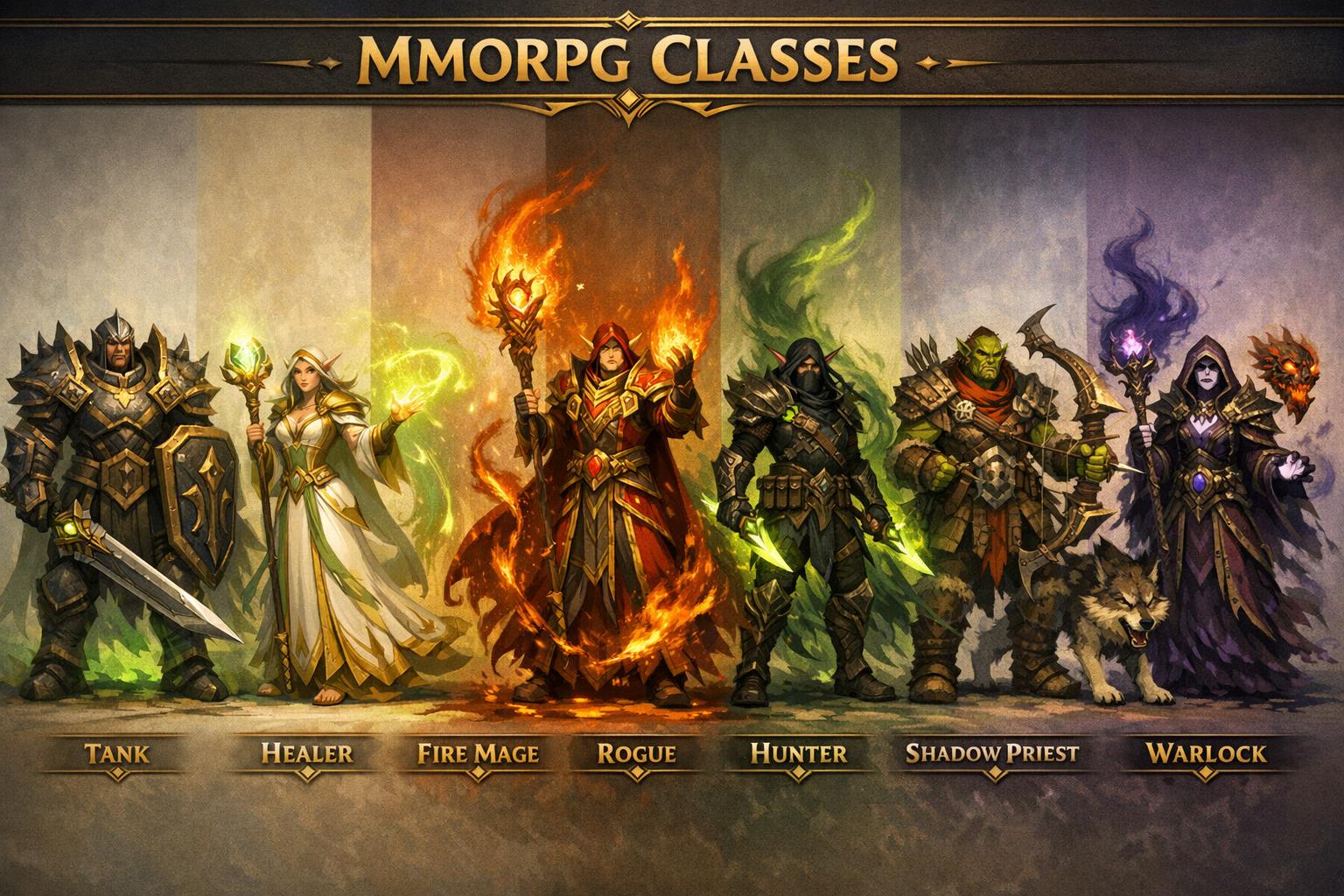 Panorama des classes de WoW présenté comme une planche : tank, soigneur et DPS, avec silhouettes et effets emblématiques.