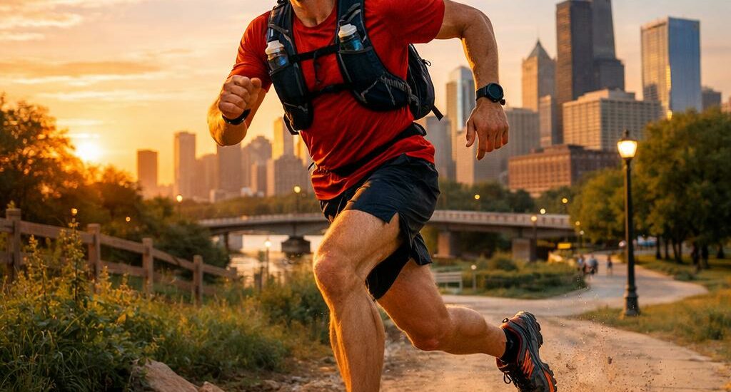 Personne en tenue de trail courant sur un sentier urbain près d'un parc au coucher du soleil