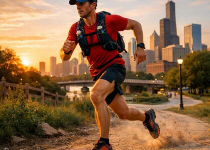 Personne en tenue de trail courant sur un sentier urbain près d'un parc au coucher du soleil