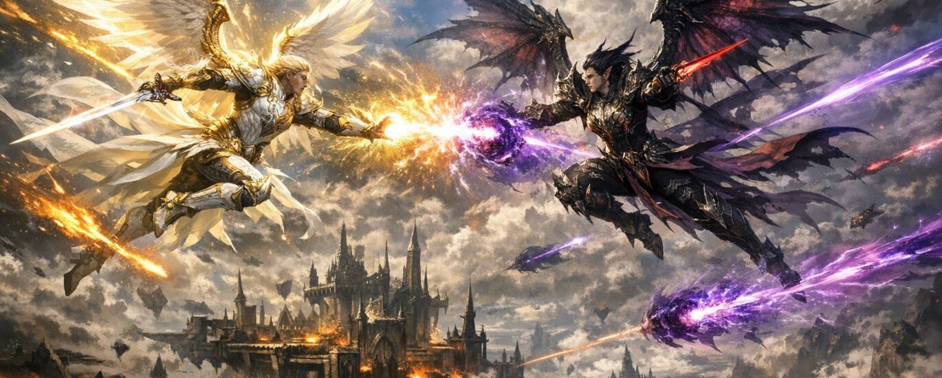 Duel aérien entre un Elyos et un Asmodien au-dessus d’une forteresse des Abysses, avec des ailes déployées et des sorts lumineux.