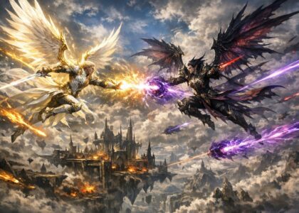 Duel aérien entre un Elyos et un Asmodien au-dessus d’une forteresse des Abysses, avec des ailes déployées et des sorts lumineux.