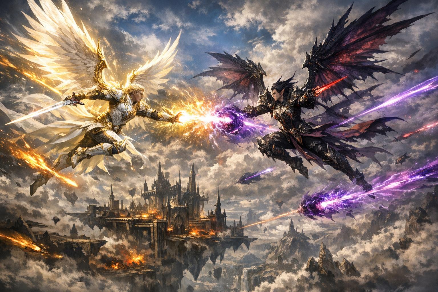 Duel aérien entre un Elyos et un Asmodien au-dessus d’une forteresse des Abysses, avec des ailes déployées et des sorts lumineux.