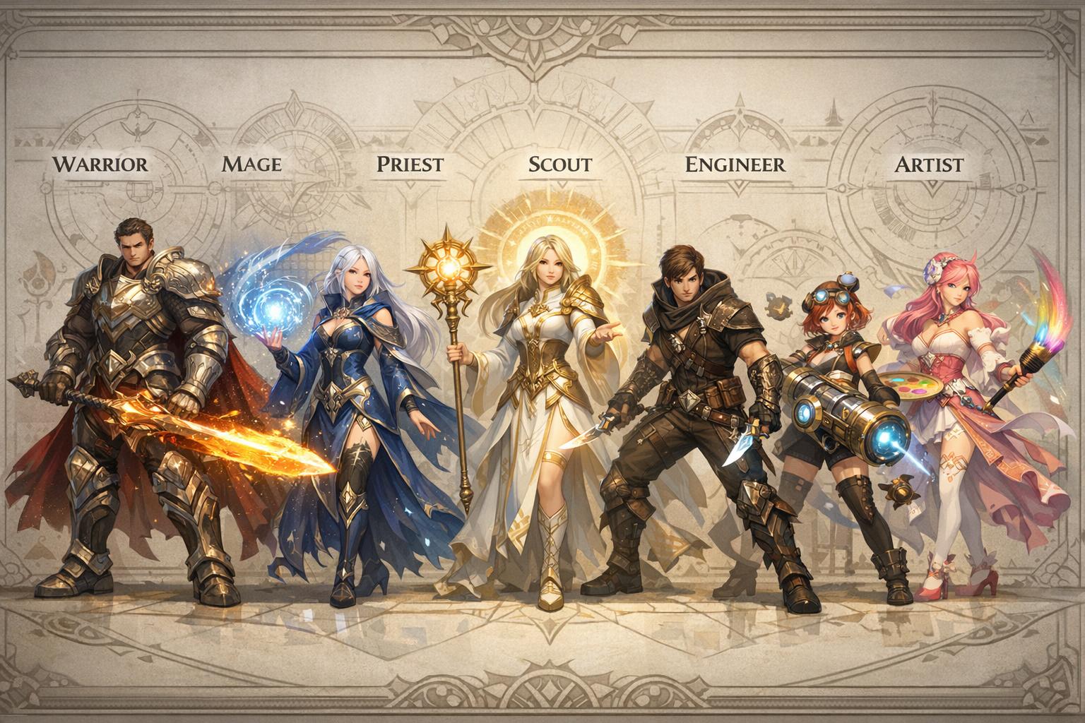 Panorama des classes d’Aion présenté comme une fresque : guerrier, mage, prêtre, éclaireur, ingénieur et artiste, chacun dans son environnement thématique.