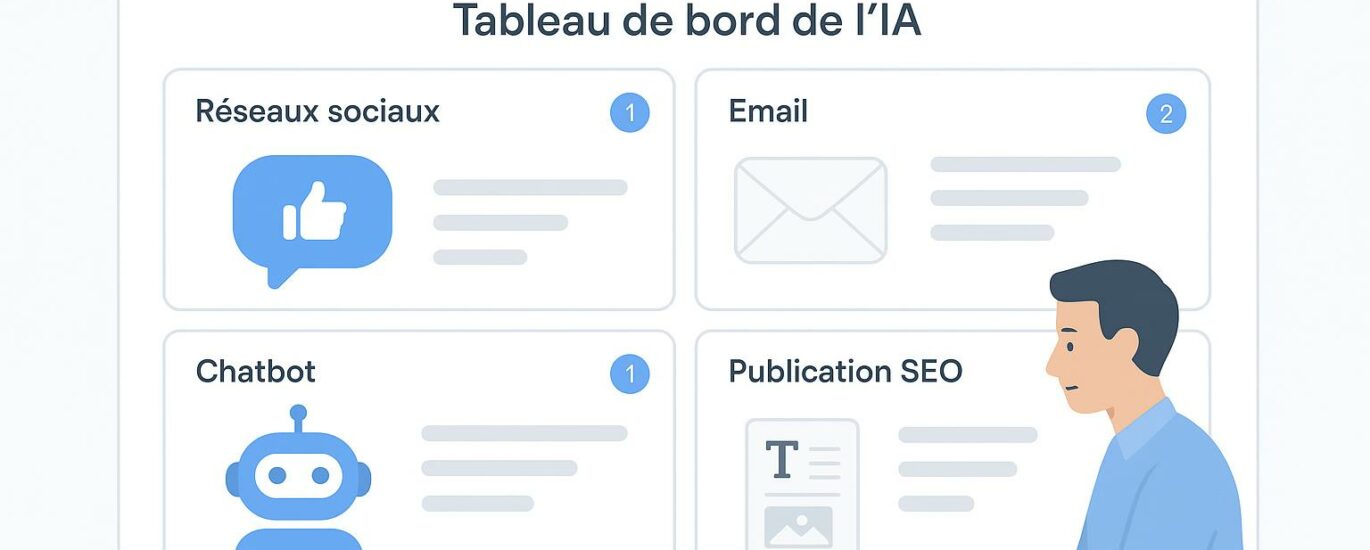 Tableau de bord d’une IA multi‑agents orchestrant réseaux sociaux, email, support client et SEO pour une PME, avec notifications en temps réel.