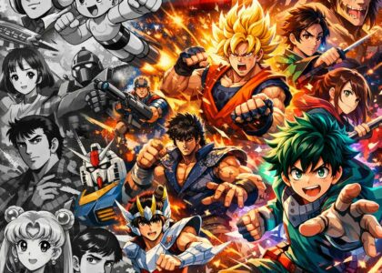 Collage d'illustrations représentant différentes époques et genres d'animé