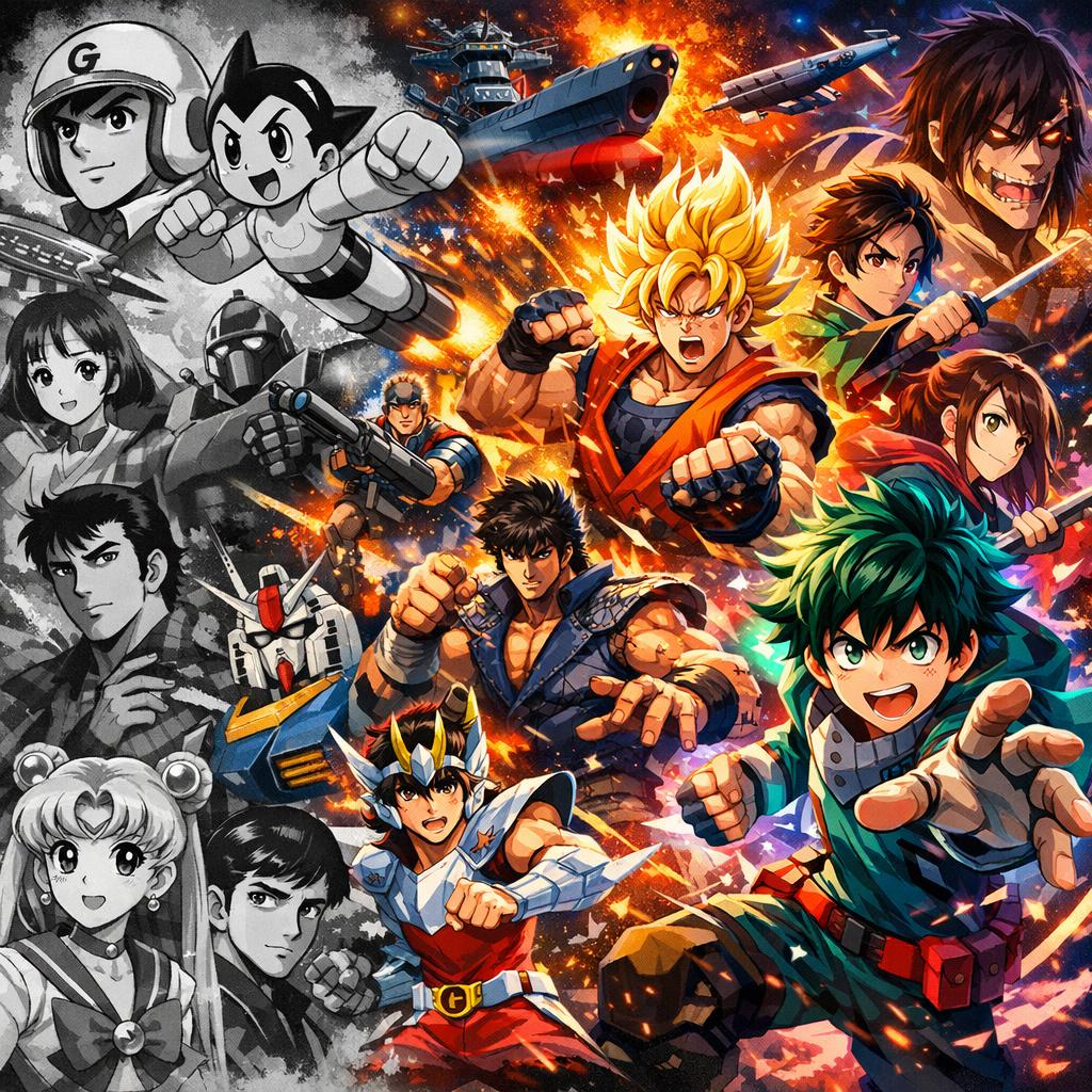 Collage d'illustrations représentant différentes époques et genres d'animé