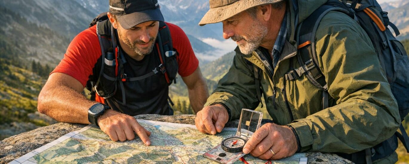 Personne consultant une carte topographique avec une boussole sur un rocher en montagne