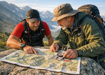 Personne consultant une carte topographique avec une boussole sur un rocher en montagne