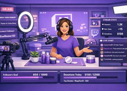 Créateur de PME animant un live Twitch avec chat actif, overlay d’offres et tableau de bord analytics à l’écran.