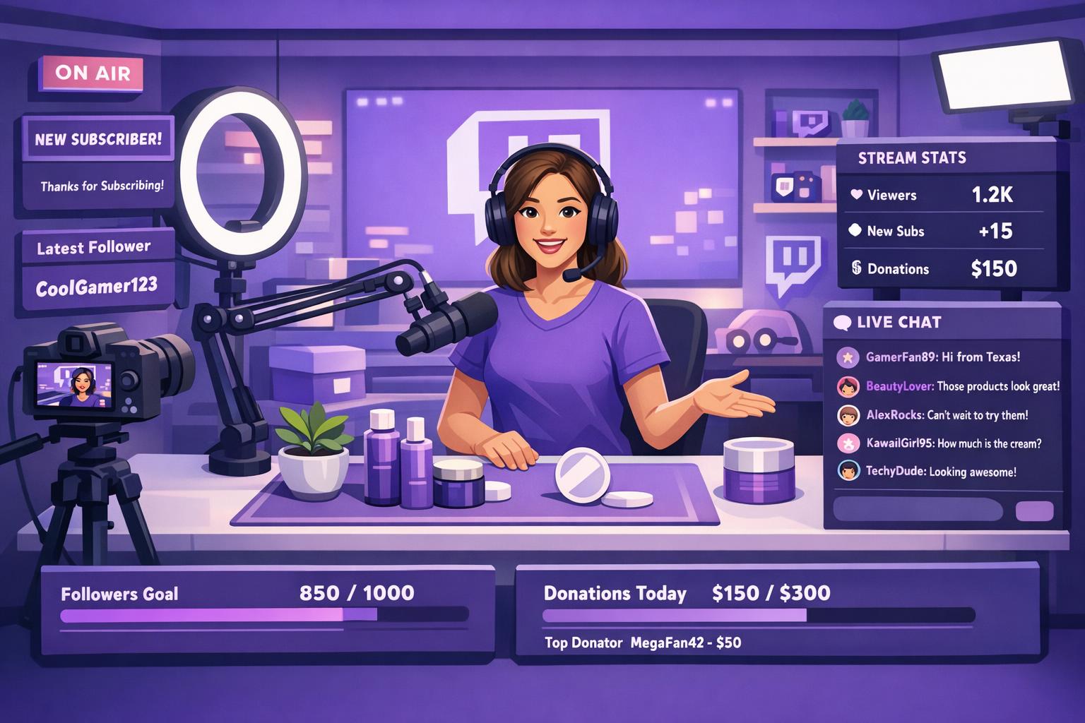 Créateur de PME animant un live Twitch avec chat actif, overlay d’offres et tableau de bord analytics à l’écran.