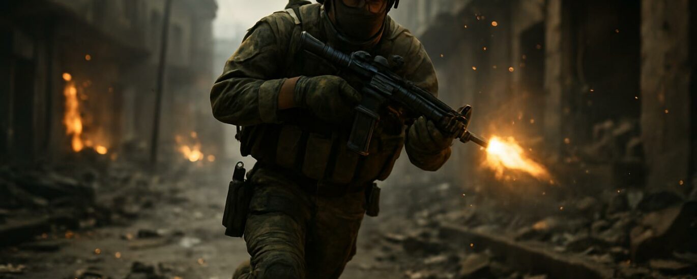 Soldat de Call of Duty avançant dans une zone urbaine sous le feu, ambiance cinématique et dynamique.