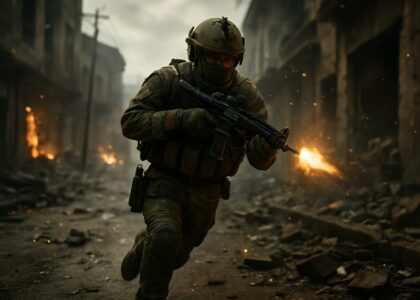 Soldat de Call of Duty avançant dans une zone urbaine sous le feu, ambiance cinématique et dynamique.