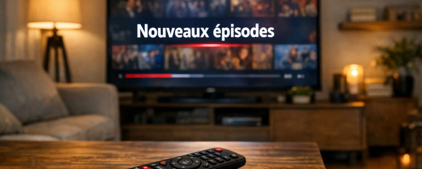 Télécommande et écran affichant la mention "Nouveaux épisodes"
