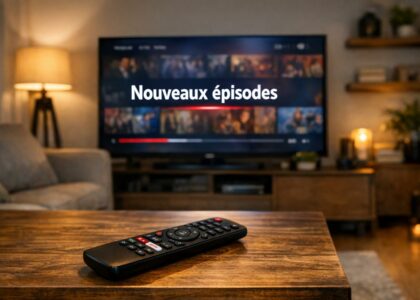 Télécommande et écran affichant la mention "Nouveaux épisodes"