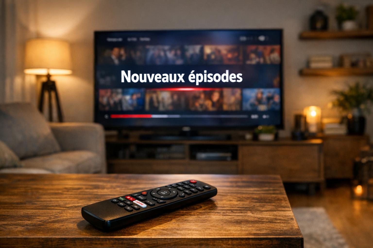 Télécommande et écran affichant la mention "Nouveaux épisodes"