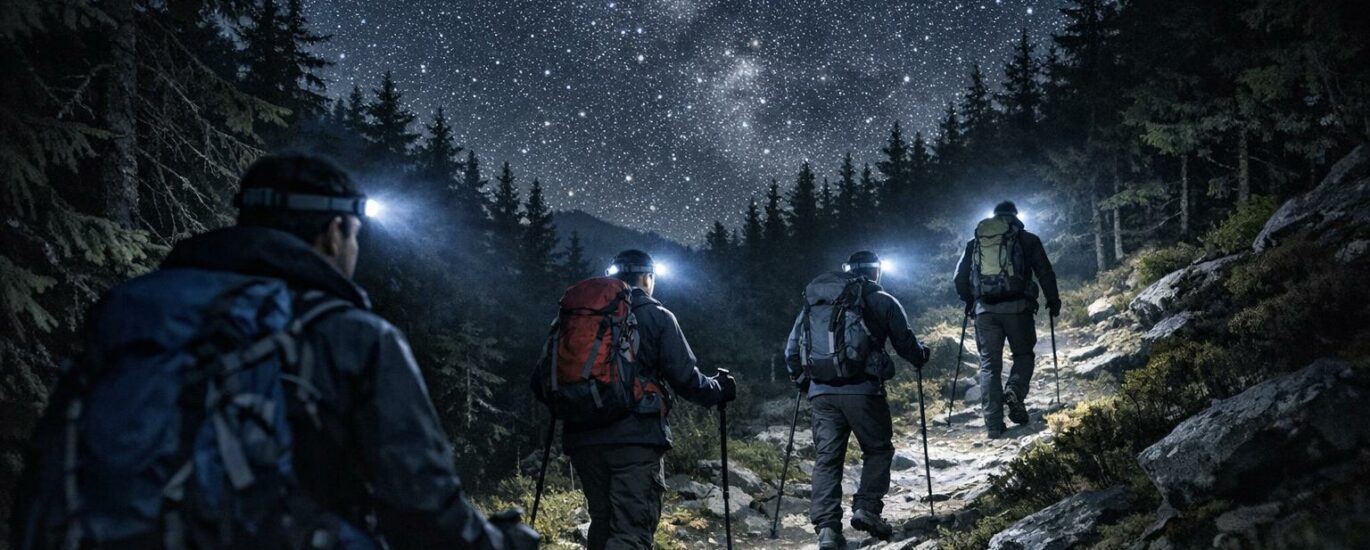 Randonneurs avec lampes frontales marchant sur un sentier forestier sous un ciel étoilé