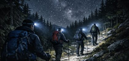 Randonneurs avec lampes frontales marchant sur un sentier forestier sous un ciel étoilé