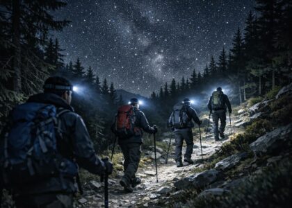 Randonneurs avec lampes frontales marchant sur un sentier forestier sous un ciel étoilé