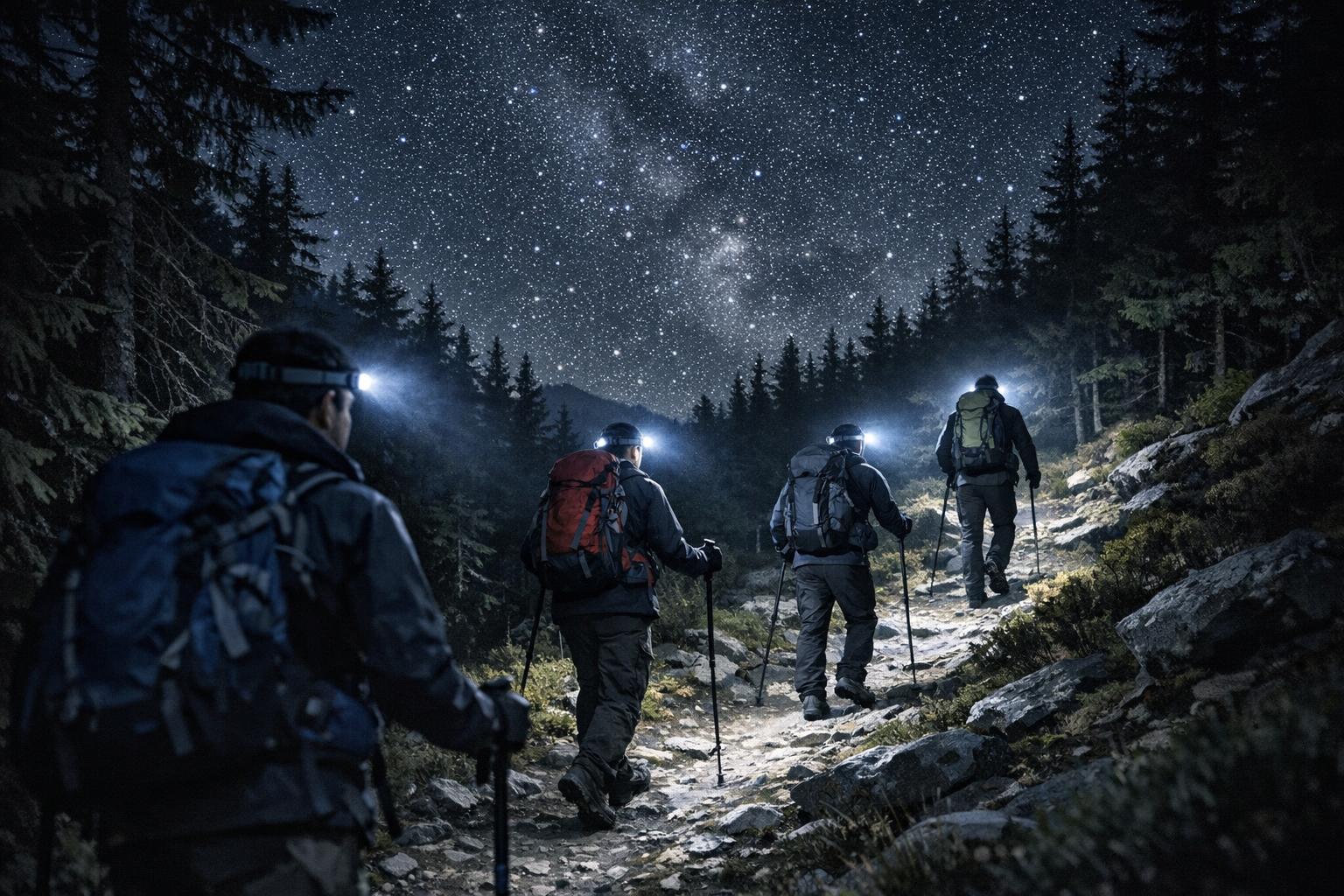 Randonneurs avec lampes frontales marchant sur un sentier forestier sous un ciel étoilé